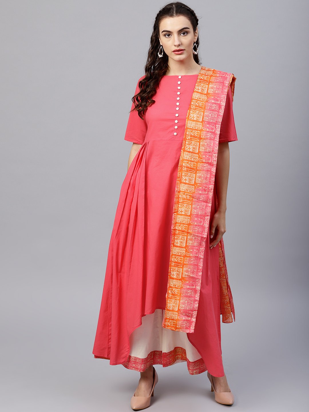 Round Neck Pink Kurta With Palazzo And Multi Colored Dupatta | LASVINI - Redefining Indian Fashion with Elegance
