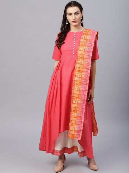 Round Neck Pink Kurta With Palazzo And Multi Colored Dupatta | LASVINI - Redefining Indian Fashion with Elegance