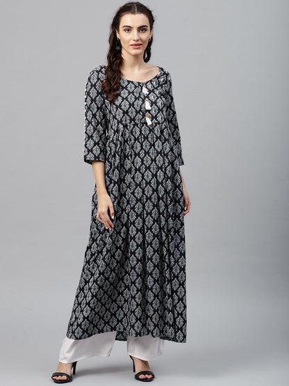 Round Neck Black & White Printed Maxi Dress With 3/4 Sleeves And Emblished With Tassels | LASVINI - Redefining Indian Fashion with Elegance