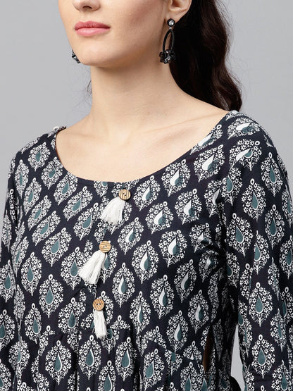 Round Neck Black & White Printed Maxi Dress With 3/4 Sleeves And Emblished With Tassels | LASVINI - Redefining Indian Fashion with Elegance