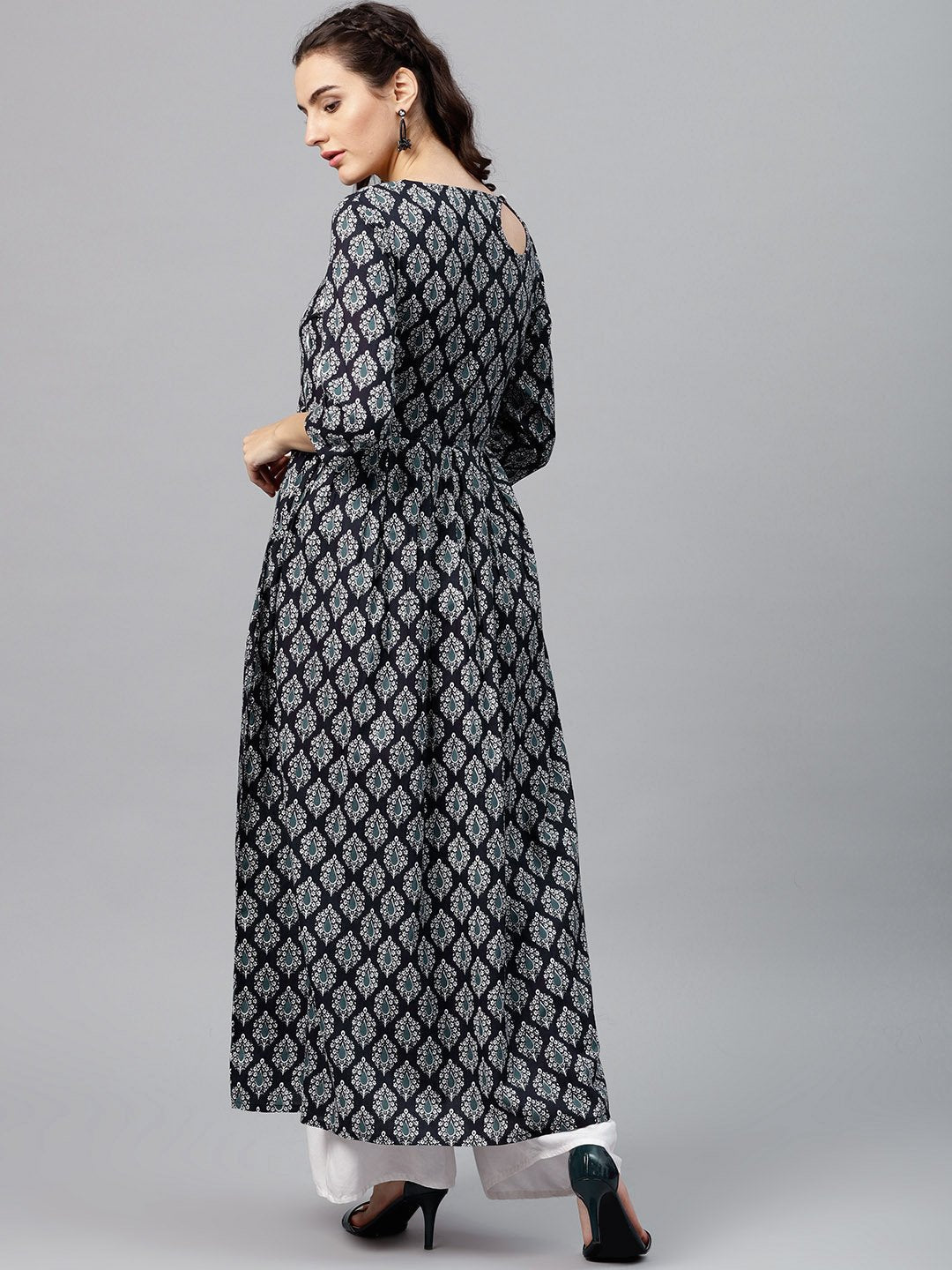 Round Neck Black & White Printed Maxi Dress With 3/4 Sleeves And Emblished With Tassels | LASVINI - Redefining Indian Fashion with Elegance
