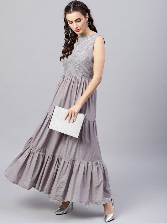 Sleeveless Grey Tiered Maxi Dress With Key Hole Neckline | LASVINI - Redefining Indian Fashion with Elegance