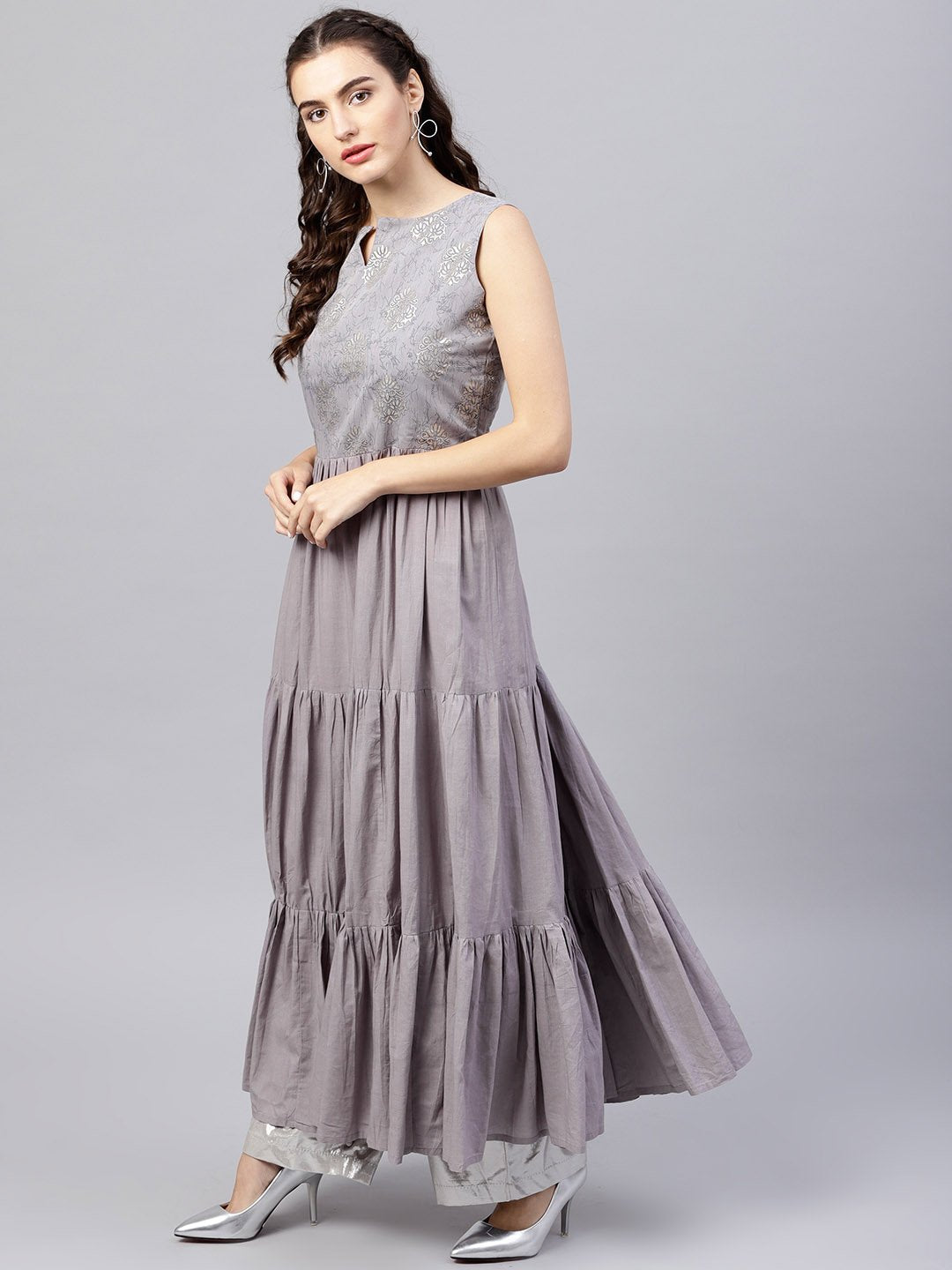Sleeveless Grey Tiered Maxi Dress With Key Hole Neckline | LASVINI - Redefining Indian Fashion with Elegance