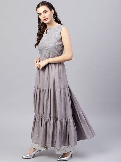 Sleeveless Grey Tiered Maxi Dress With Key Hole Neckline | LASVINI - Redefining Indian Fashion with Elegance