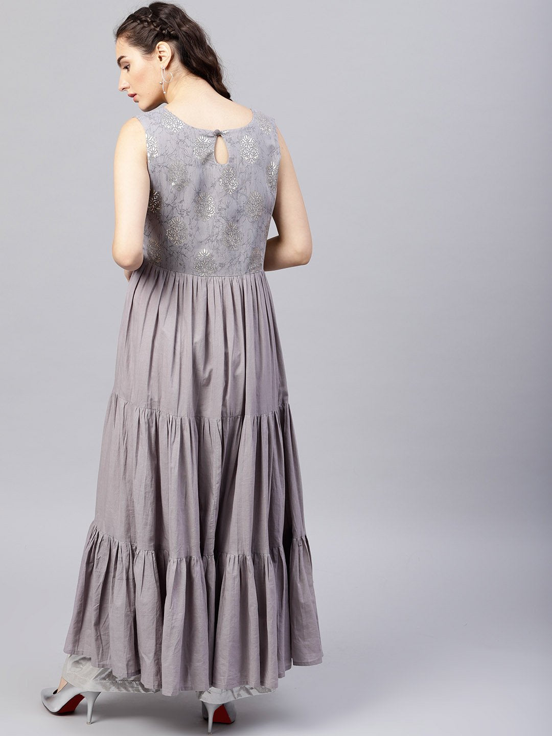 Sleeveless Grey Tiered Maxi Dress With Key Hole Neckline | LASVINI - Redefining Indian Fashion with Elegance