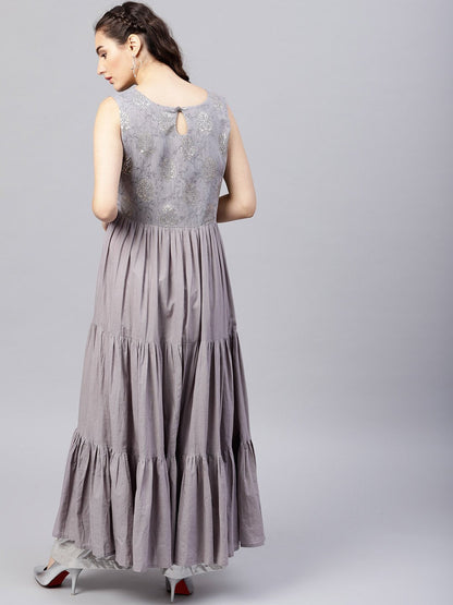 Sleeveless Grey Tiered Maxi Dress With Key Hole Neckline | LASVINI - Redefining Indian Fashion with Elegance