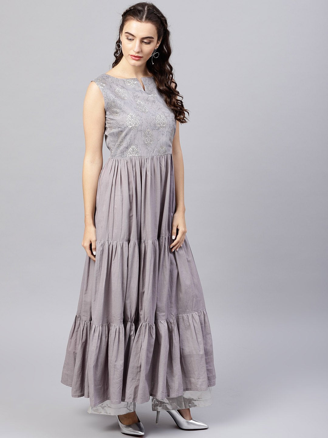 Sleeveless Grey Tiered Maxi Dress With Key Hole Neckline | LASVINI - Redefining Indian Fashion with Elegance