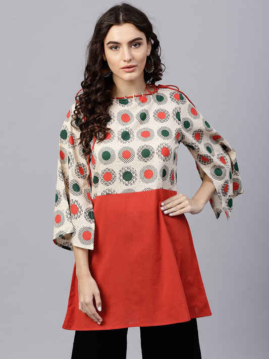 Multi Colored Dress With Boat Neck And 3/4 Flared Sleeves | LASVINI - Redefining Indian Fashion with Elegance