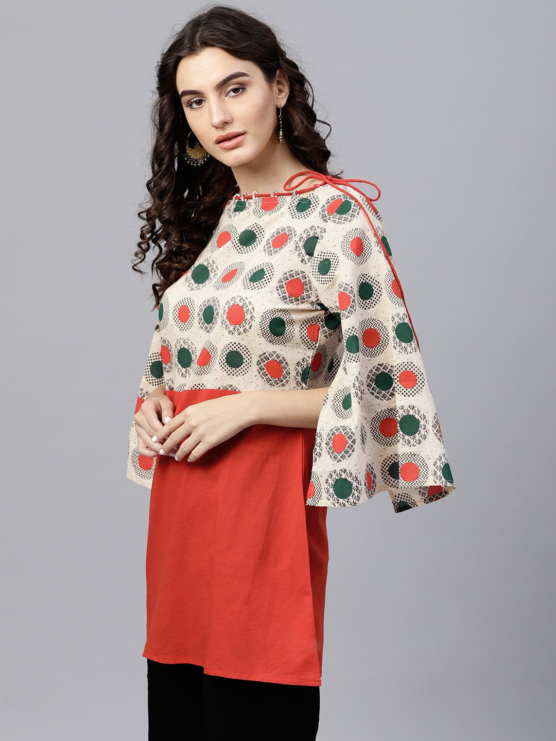 Multi Colored Dress With Boat Neck And 3/4 Flared Sleeves | LASVINI - Redefining Indian Fashion with Elegance