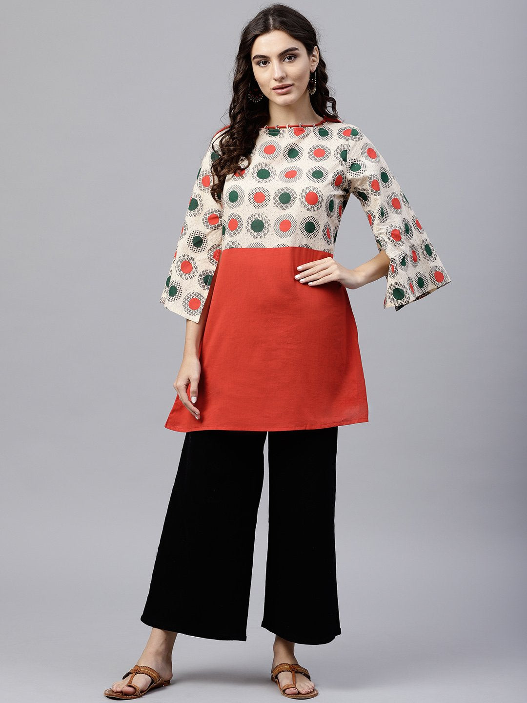 Multi Colored Dress With Boat Neck And 3/4 Flared Sleeves | LASVINI - Redefining Indian Fashion with Elegance