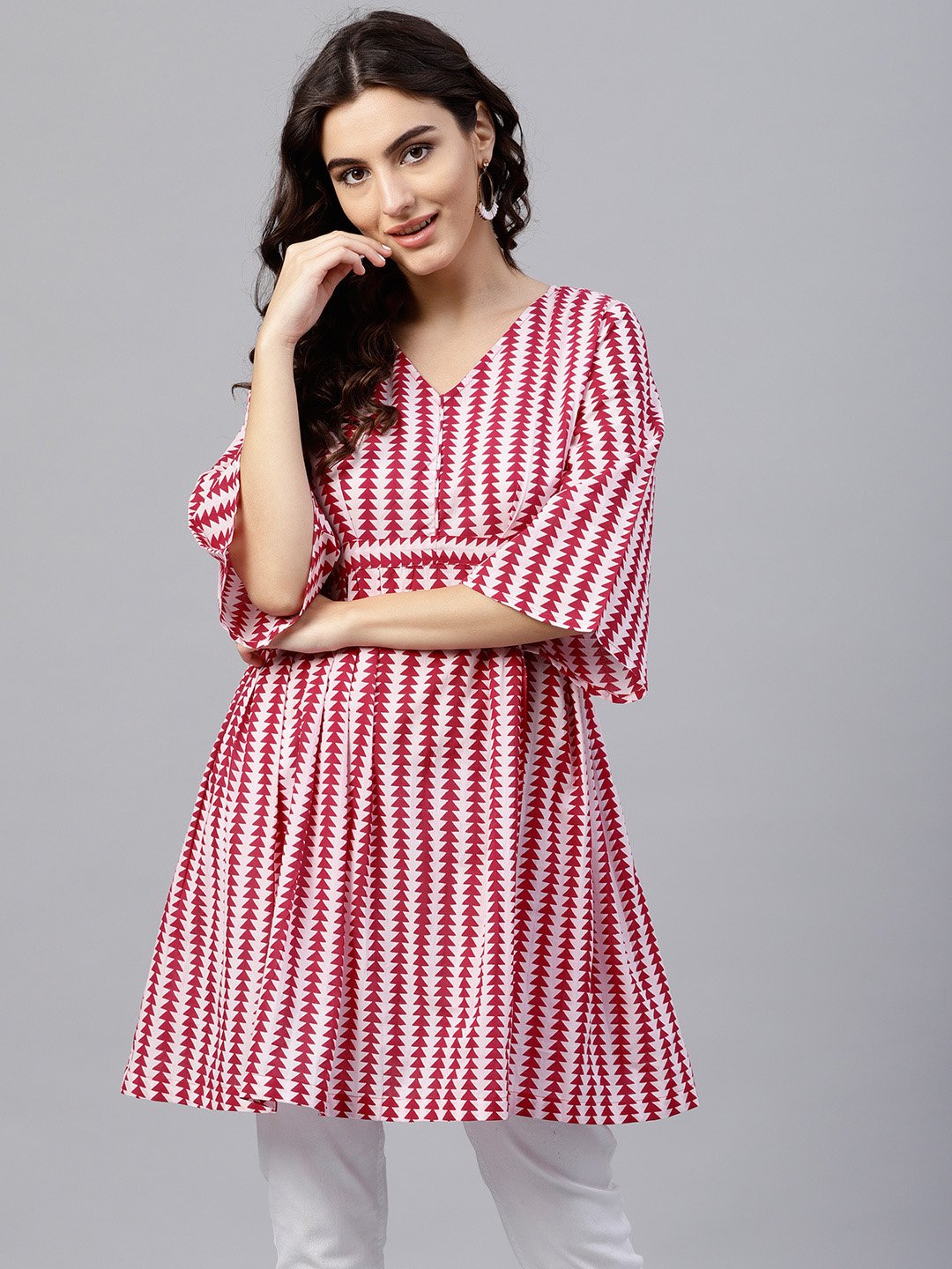 Pink And White Printed  A-Line Top Wth 3/4 Sleeves | LASVINI - Redefining Indian Fashion with Elegance