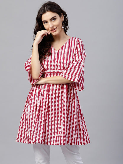 Pink And White Printed  A-Line Top Wth 3/4 Sleeves | LASVINI - Redefining Indian Fashion with Elegance