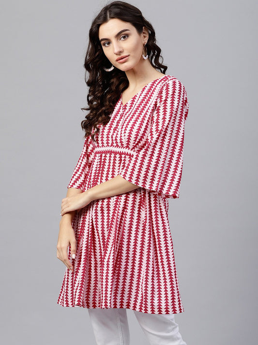 Pink And White Printed  A-Line Top Wth 3/4 Sleeves | LASVINI - Redefining Indian Fashion with Elegance