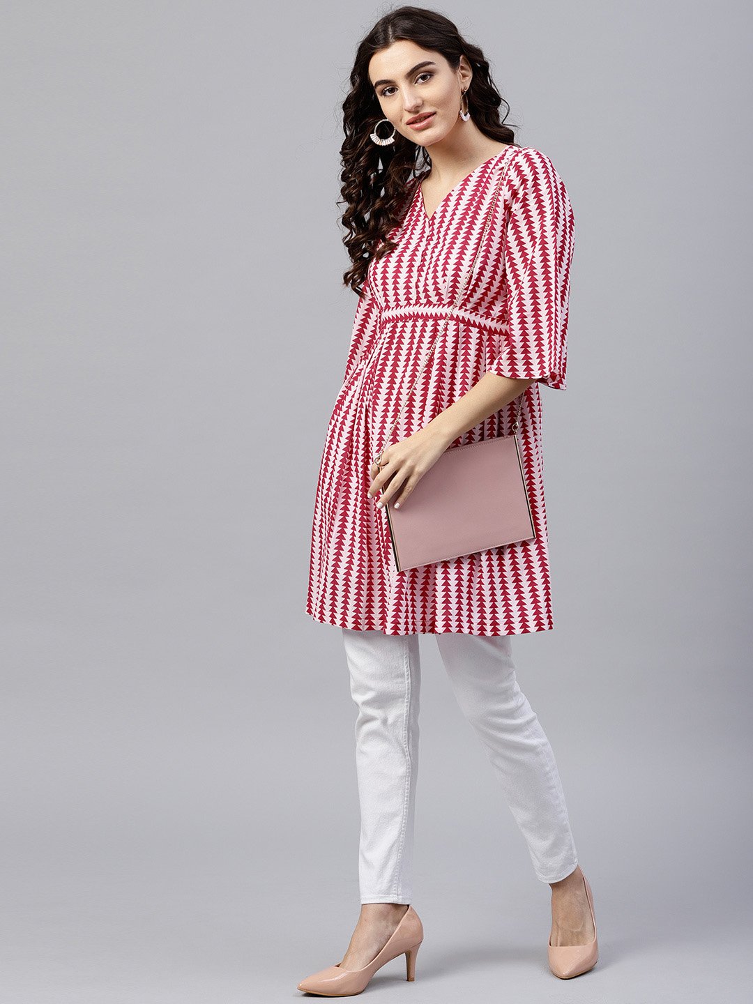 Pink And White Printed  A-Line Top Wth 3/4 Sleeves | LASVINI - Redefining Indian Fashion with Elegance