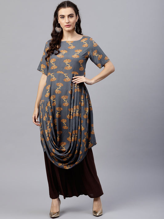 Blue Printed A-Line Kurta With Round Neck And Half Sleeves | LASVINI - Redefining Indian Fashion with Elegance