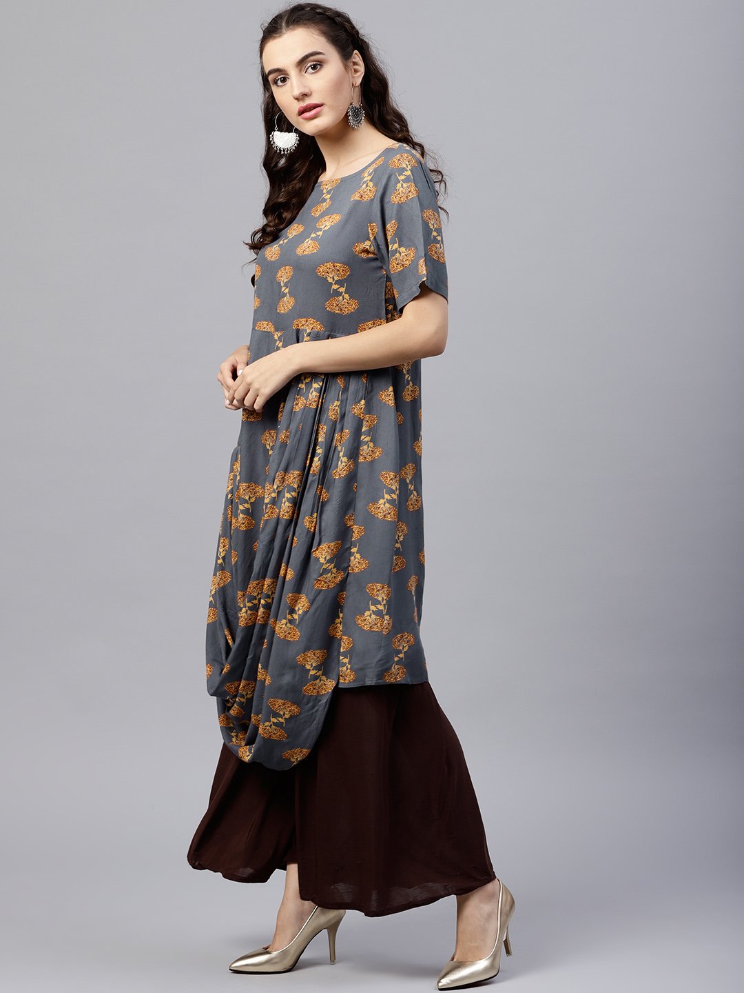Blue Printed A-Line Kurta With Round Neck And Half Sleeves | LASVINI - Redefining Indian Fashion with Elegance