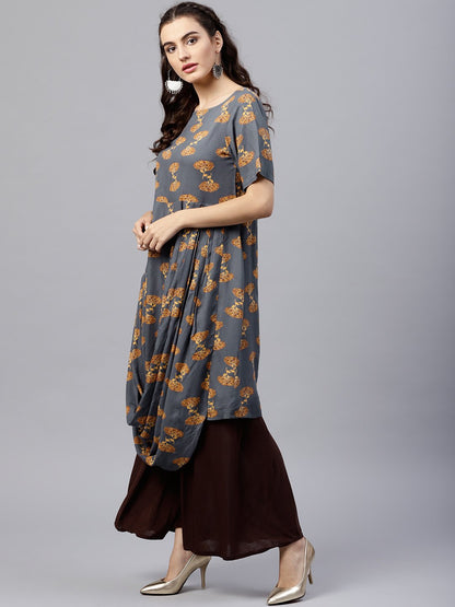 Blue Printed A-Line Kurta With Round Neck And Half Sleeves | LASVINI - Redefining Indian Fashion with Elegance
