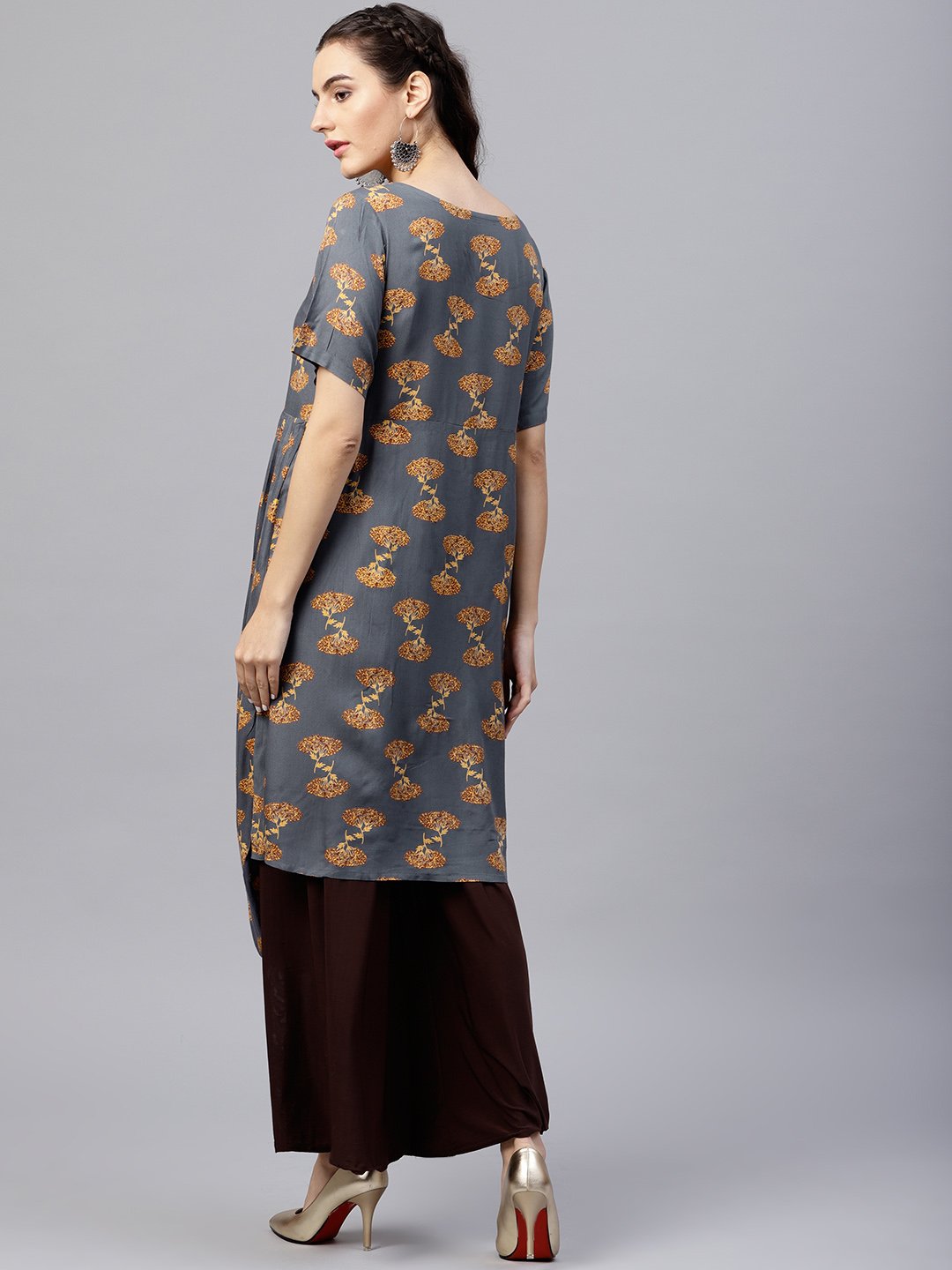 Blue Printed A-Line Kurta With Round Neck And Half Sleeves | LASVINI - Redefining Indian Fashion with Elegance