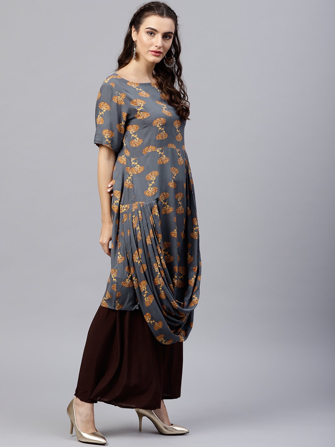 Blue Printed A-Line Kurta With Round Neck And Half Sleeves | LASVINI - Redefining Indian Fashion with Elegance