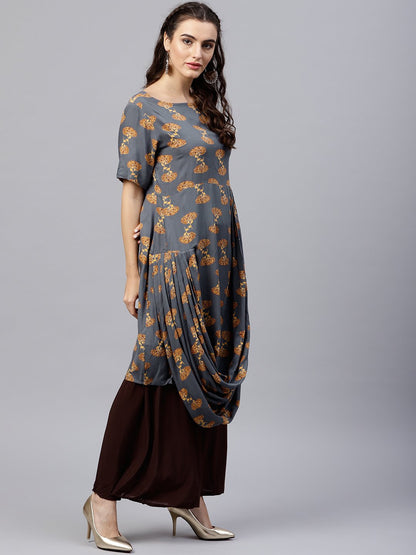 Blue Printed A-Line Kurta With Round Neck And Half Sleeves | LASVINI - Redefining Indian Fashion with Elegance