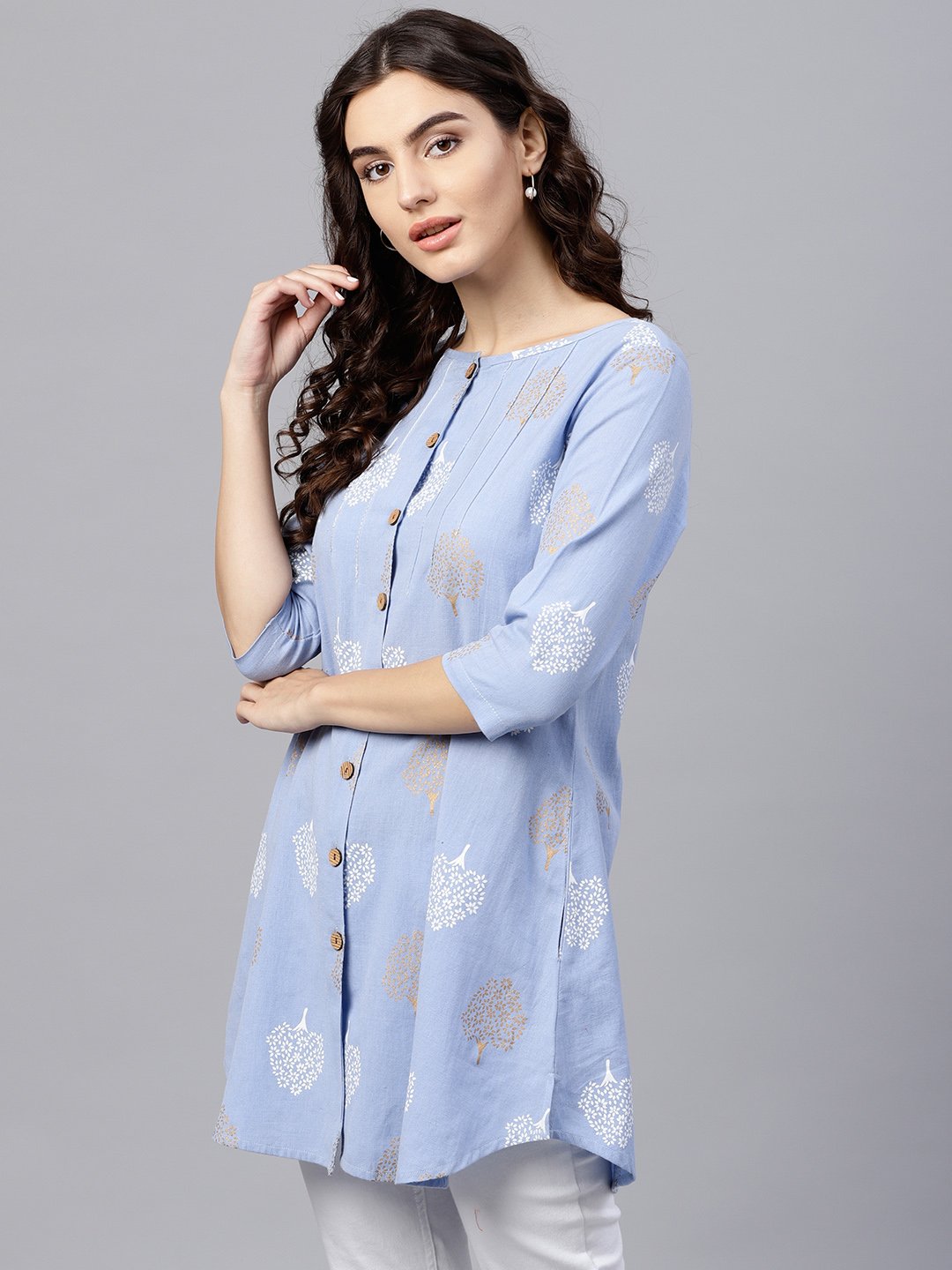 Round Neck Light Blue Printed Tunic With Front Placket And 3/4 Sleeves | LASVINI - Redefining Indian Fashion with Elegance