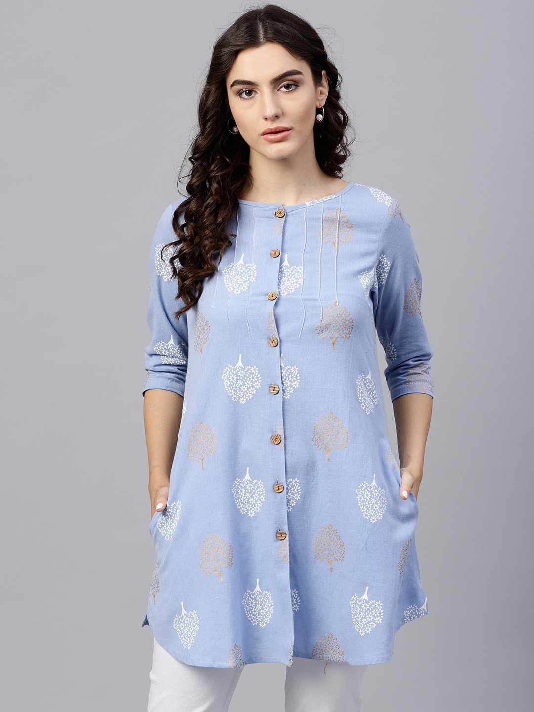 Round Neck Light Blue Printed Tunic With Front Placket And 3/4 Sleeves | LASVINI - Redefining Indian Fashion with Elegance