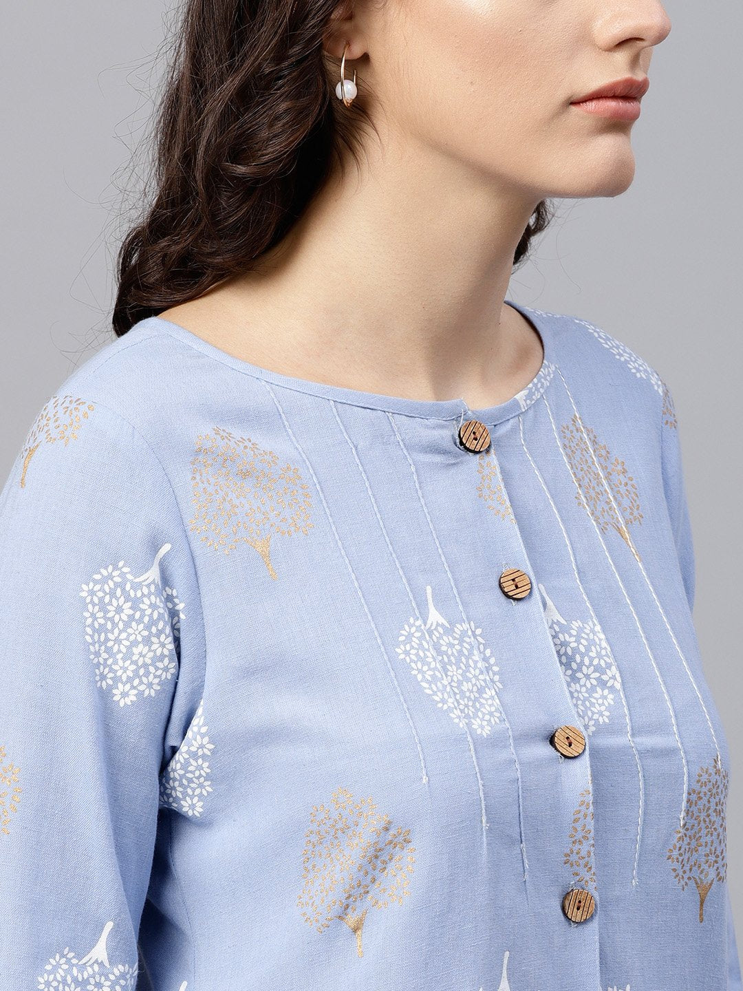 Round Neck Light Blue Printed Tunic With Front Placket And 3/4 Sleeves | LASVINI - Redefining Indian Fashion with Elegance