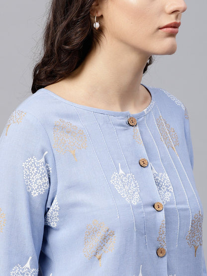 Round Neck Light Blue Printed Tunic With Front Placket And 3/4 Sleeves | LASVINI - Redefining Indian Fashion with Elegance