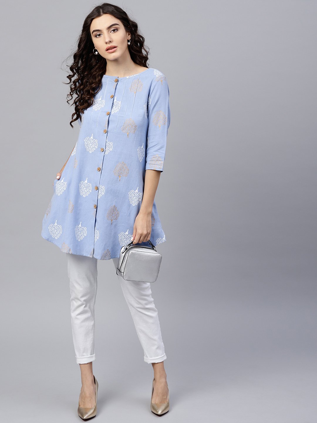 Round Neck Light Blue Printed Tunic With Front Placket And 3/4 Sleeves | LASVINI - Redefining Indian Fashion with Elegance