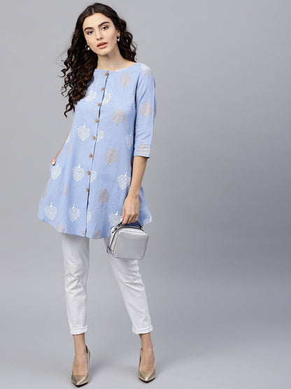 Round Neck Light Blue Printed Tunic With Front Placket And 3/4 Sleeves | LASVINI - Redefining Indian Fashion with Elegance