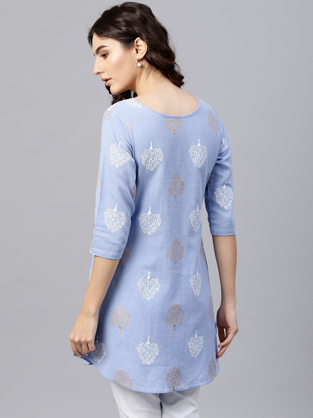 Round Neck Light Blue Printed Tunic With Front Placket And 3/4 Sleeves | LASVINI - Redefining Indian Fashion with Elegance