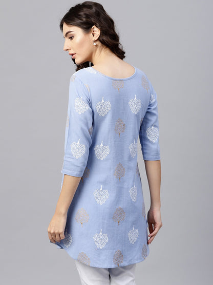 Round Neck Light Blue Printed Tunic With Front Placket And 3/4 Sleeves | LASVINI - Redefining Indian Fashion with Elegance