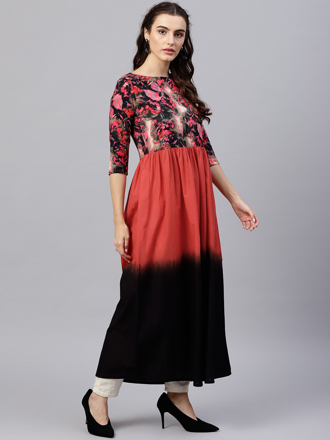 Multi Colored Maxi Kurta With Round Neck And 3/4 Sleeves | LASVINI - Redefining Indian Fashion with Elegance