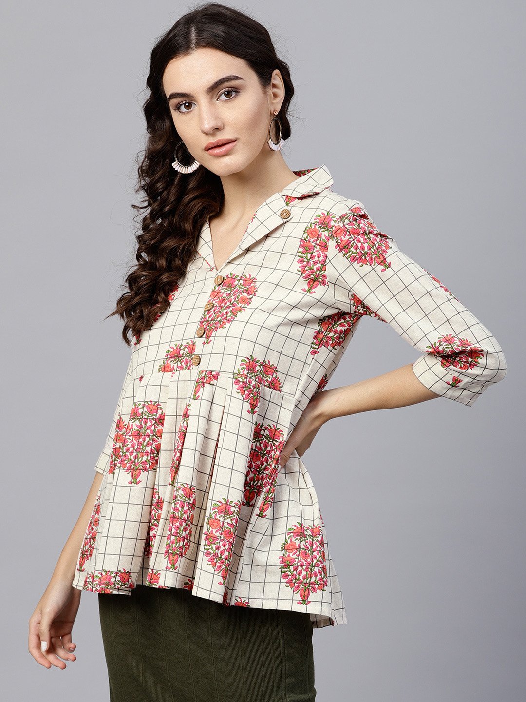 Off White Printed Top With Notched Collar And 3/4 Sleeves | LASVINI - Redefining Indian Fashion with Elegance