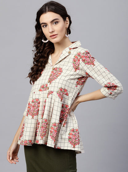 Off White Printed Top With Notched Collar And 3/4 Sleeves | LASVINI - Redefining Indian Fashion with Elegance