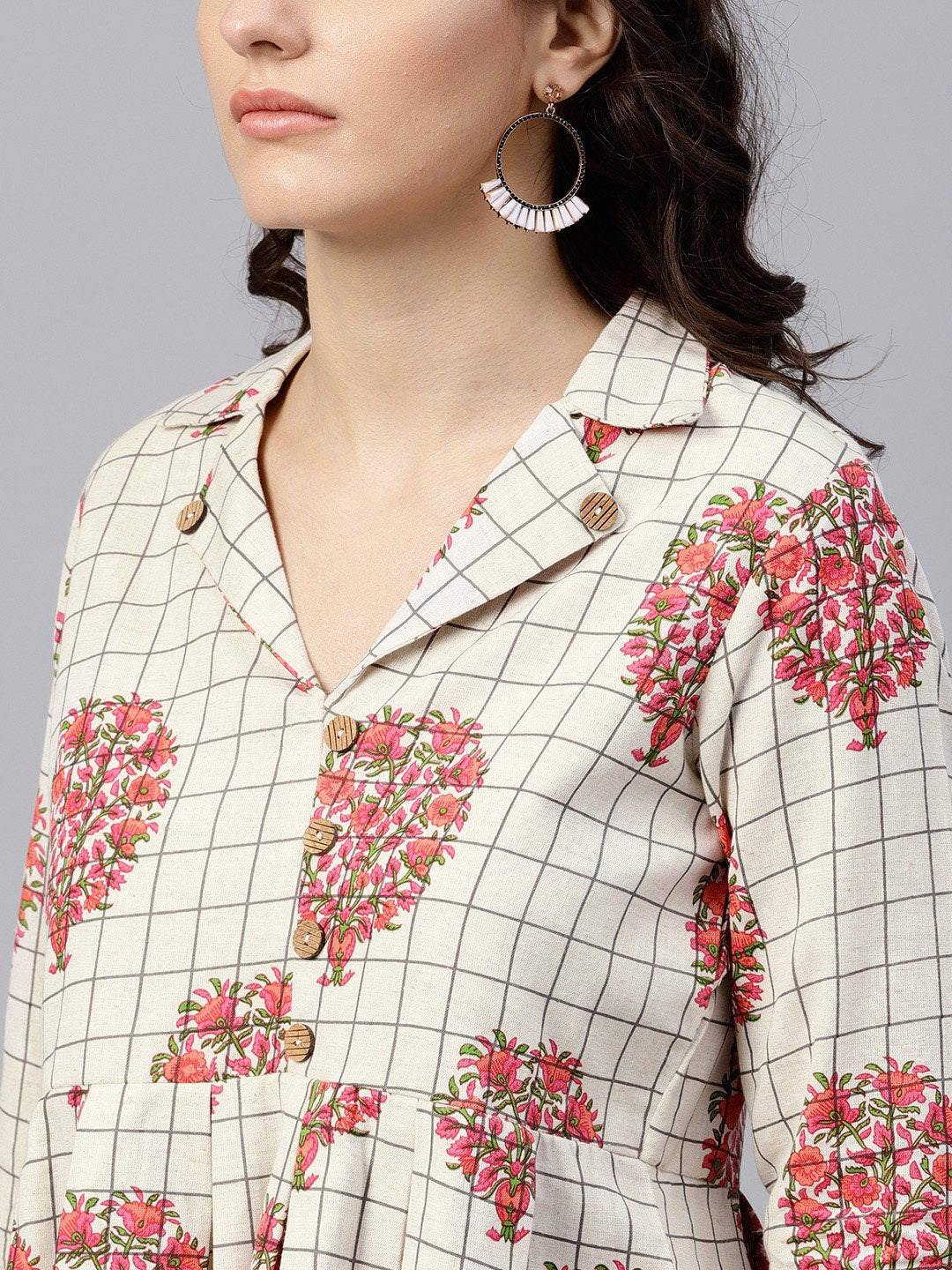Off White Printed Top With Notched Collar And 3/4 Sleeves | LASVINI - Redefining Indian Fashion with Elegance