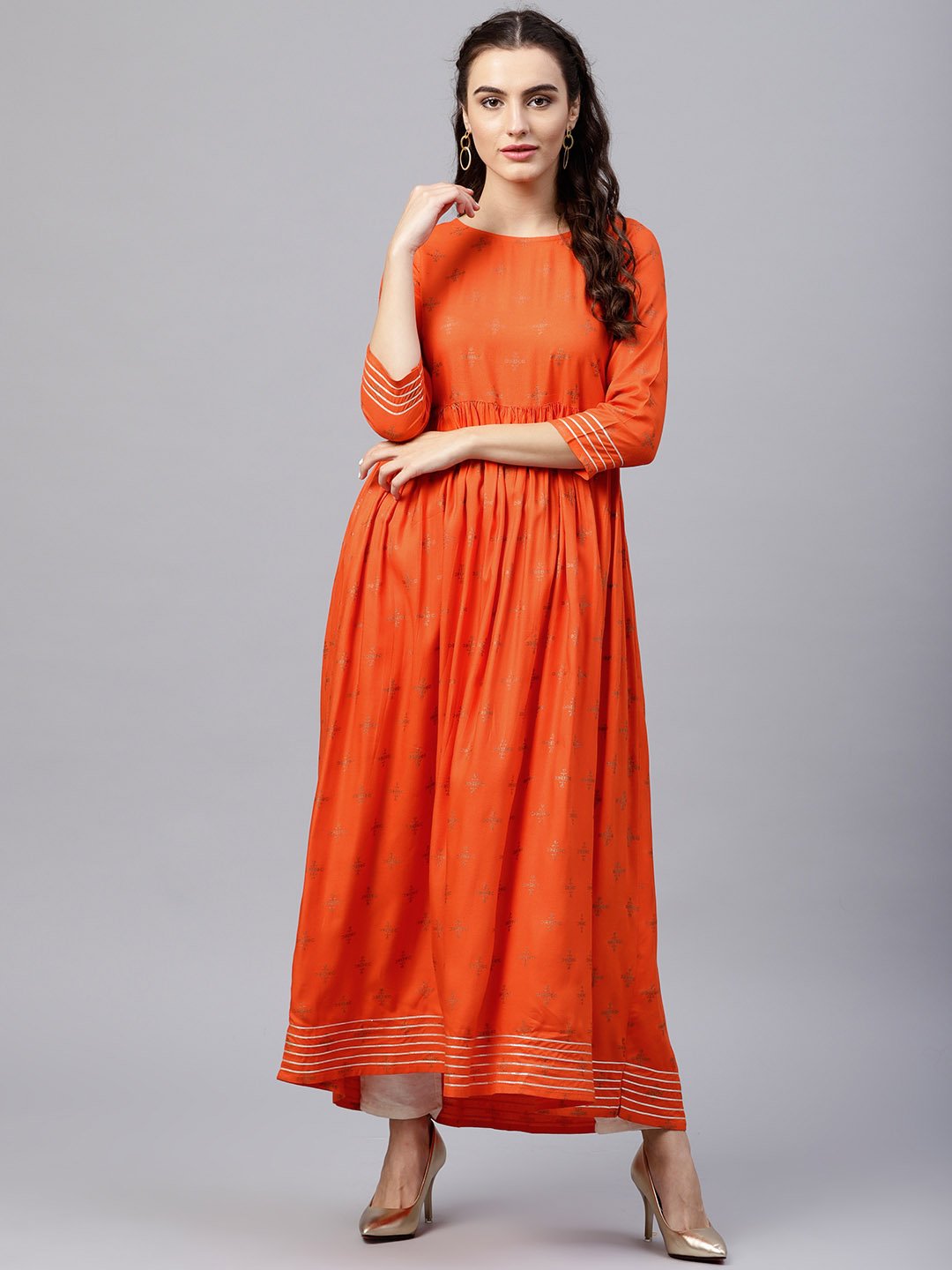 Rusty Orange Printed Kurta With Round Neck And 3/4 Flared Sleeves | LASVINI - Redefining Indian Fashion with Elegance