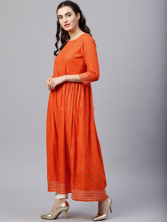 Rusty Orange Printed Kurta With Round Neck And 3/4 Flared Sleeves | LASVINI - Redefining Indian Fashion with Elegance