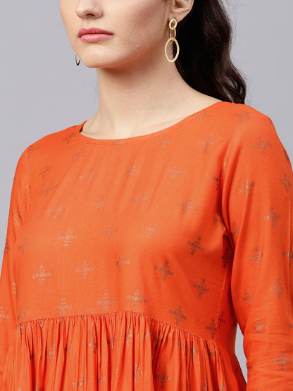 Rusty Orange Printed Kurta With Round Neck And 3/4 Flared Sleeves | LASVINI - Redefining Indian Fashion with Elegance