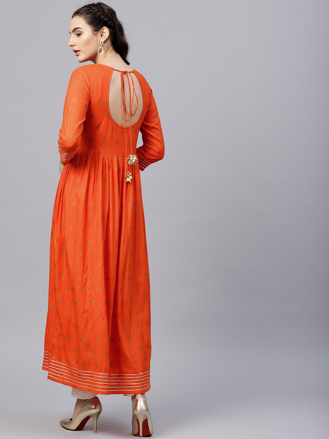 Rusty Orange Printed Kurta With Round Neck And 3/4 Flared Sleeves | LASVINI - Redefining Indian Fashion with Elegance