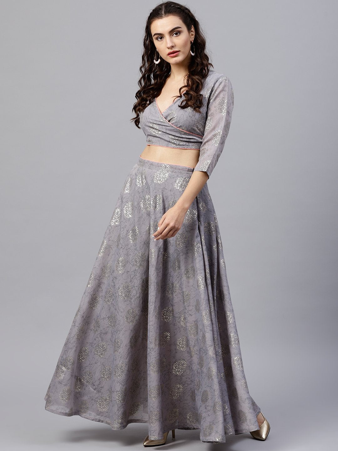 Silver Grey Printed Set Of Blouse And Skirt | LASVINI - Redefining Indian Fashion with Elegance
