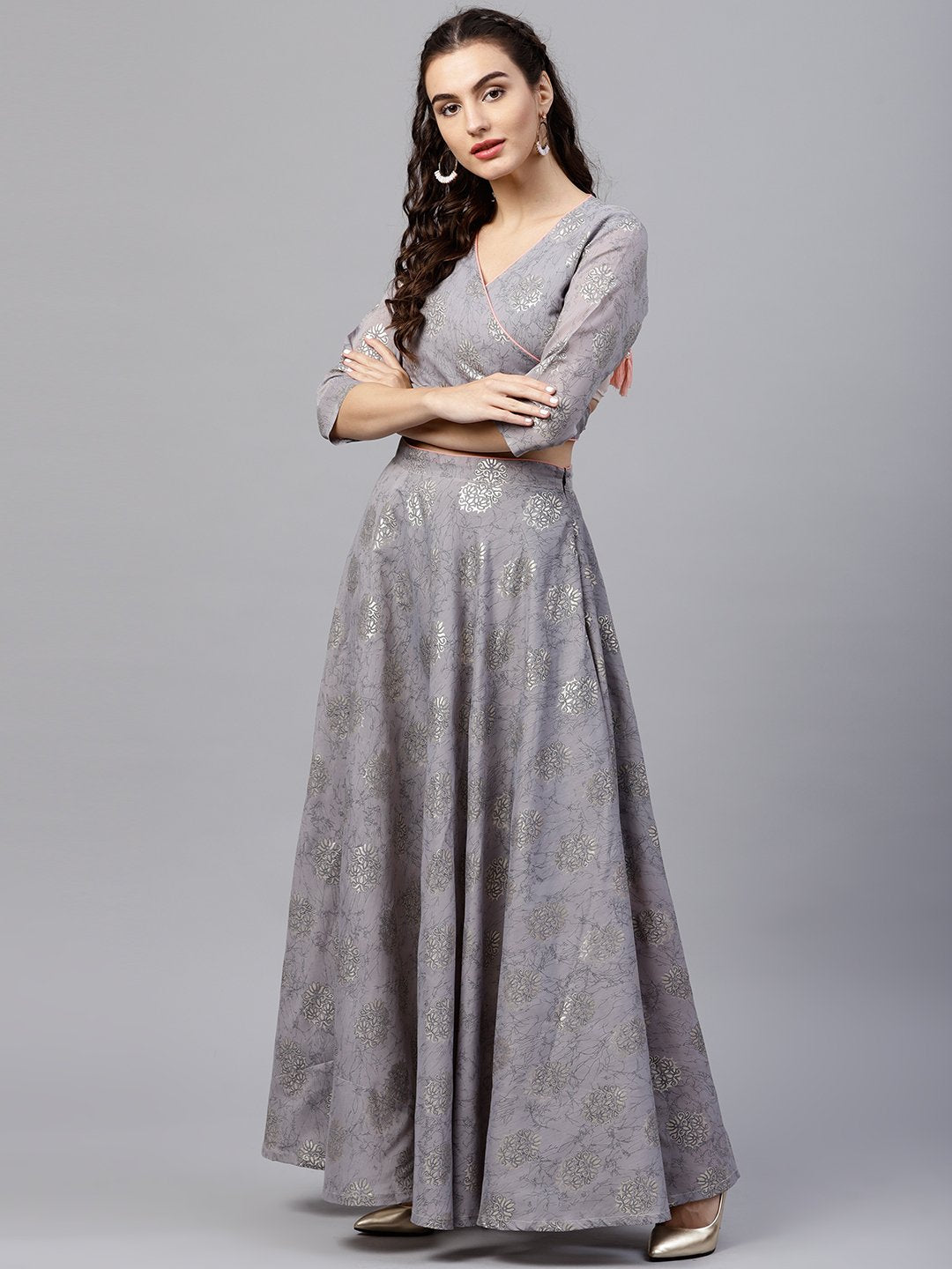 Silver Grey Printed Set Of Blouse And Skirt | LASVINI - Redefining Indian Fashion with Elegance