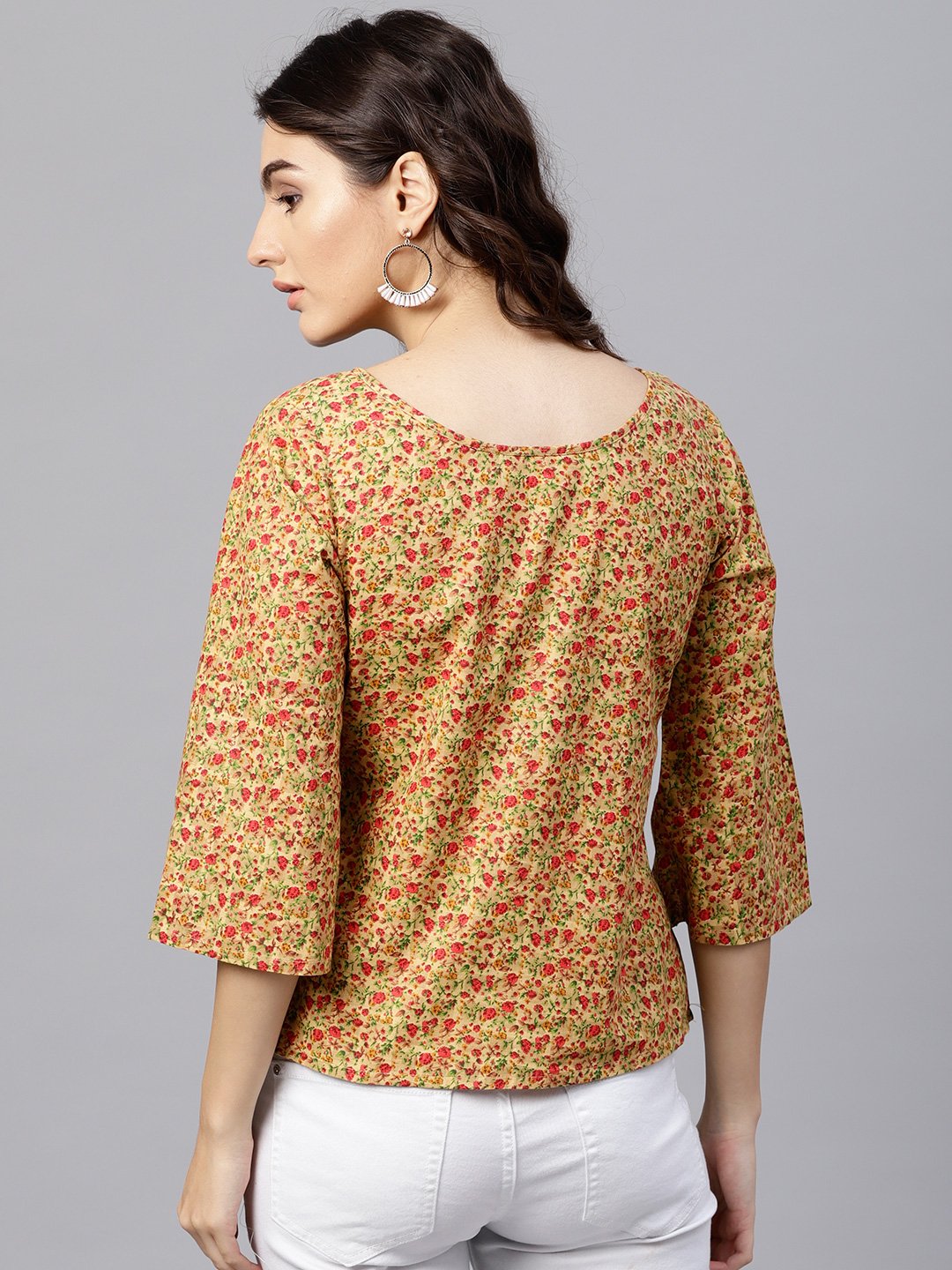 Multi Printed Top With Round Neck And 3/4 Flared Sleeves | LASVINI - Redefining Indian Fashion with Elegance