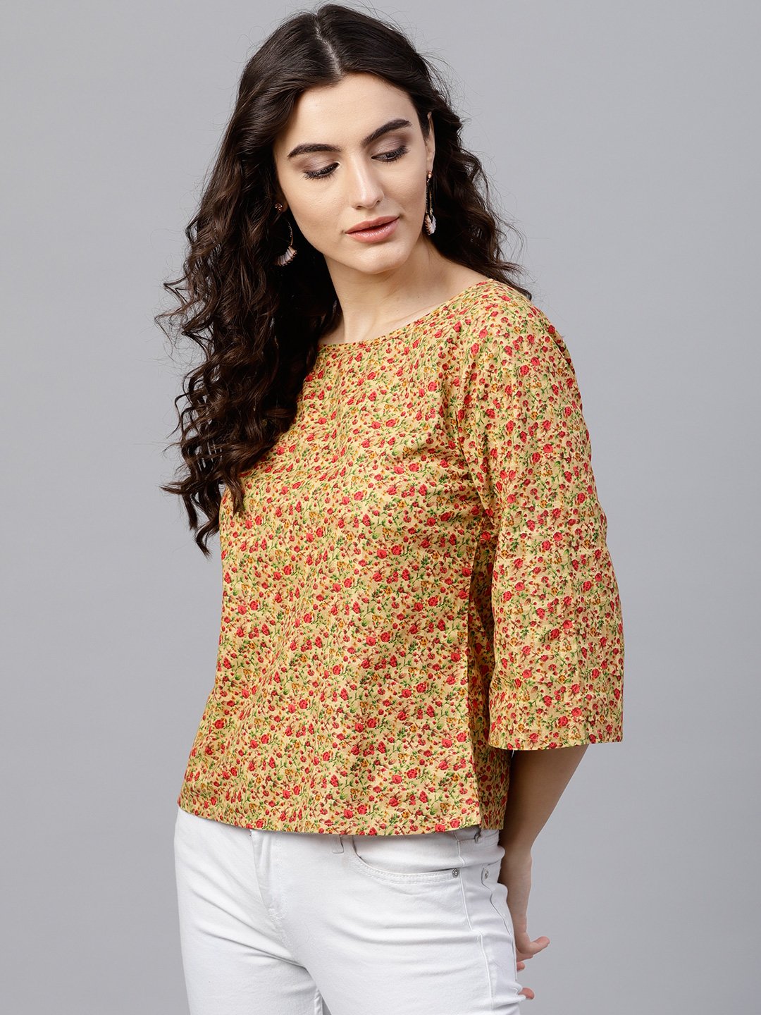 Multi Printed Top With Round Neck And 3/4 Flared Sleeves | LASVINI - Redefining Indian Fashion with Elegance