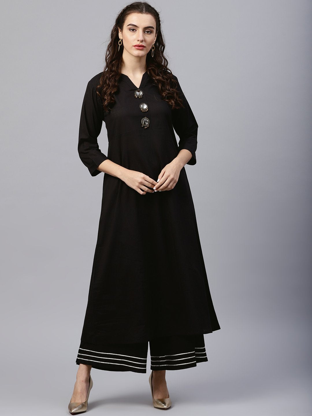 Black Round Neck Kurta With Frond Emblishment And Palazzo | LASVINI - Redefining Indian Fashion with Elegance