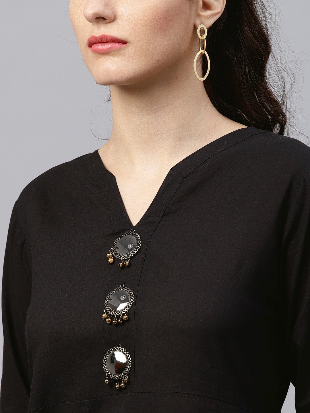 Black Round Neck Kurta With Frond Emblishment And Palazzo | LASVINI - Redefining Indian Fashion with Elegance