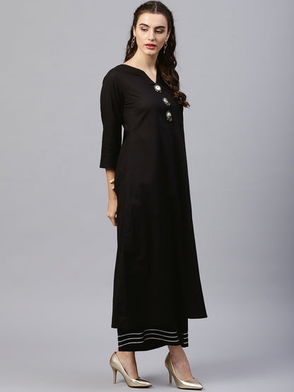 Black Round Neck Kurta With Frond Emblishment And Palazzo | LASVINI - Redefining Indian Fashion with Elegance