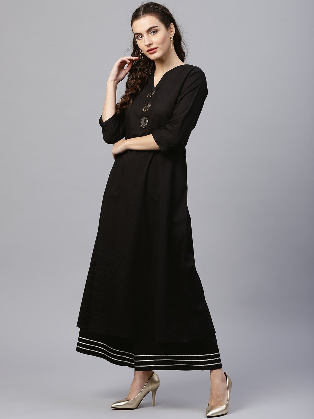 Black Round Neck Kurta With Frond Emblishment And Palazzo | LASVINI - Redefining Indian Fashion with Elegance