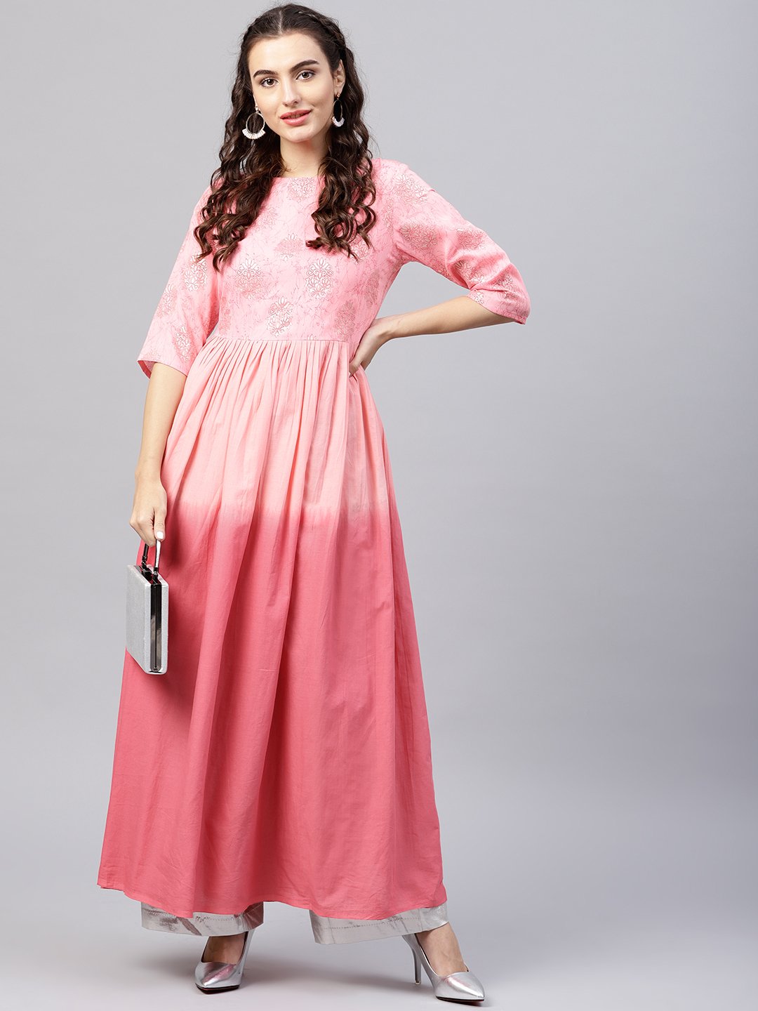 Pink Ombre Maxi Kurta With Round Neck  And 3/4 Sleeves | LASVINI - Redefining Indian Fashion with Elegance