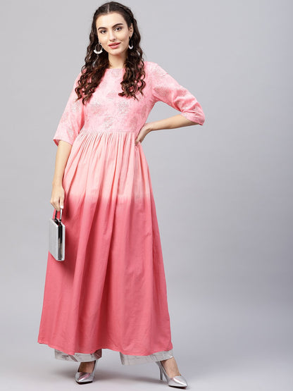 Pink Ombre Maxi Kurta With Round Neck  And 3/4 Sleeves | LASVINI - Redefining Indian Fashion with Elegance